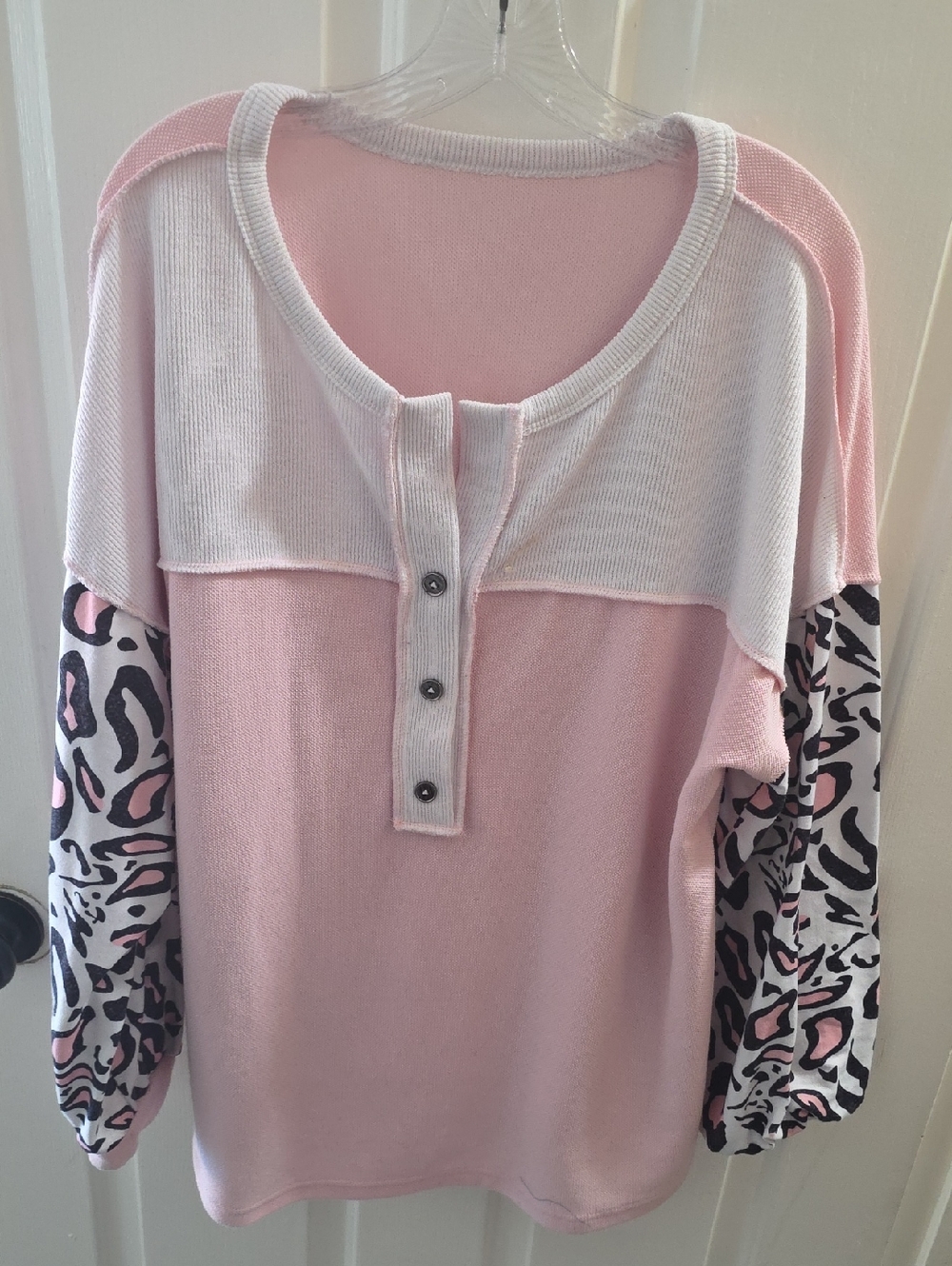 Pink Two-Tone Henley Sweater with Leopard Print Sleeves